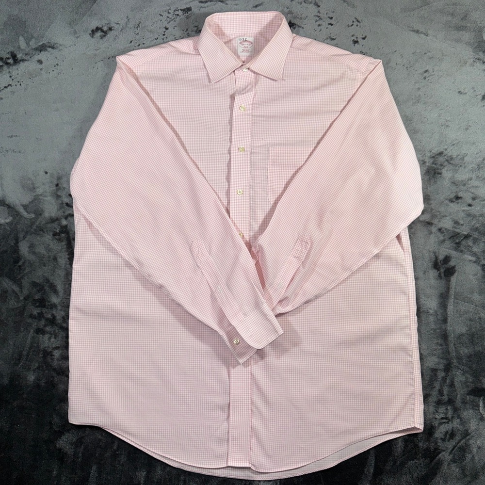 Brooks Brothers Mens Pink White Micro Check Cotton Dress Shirt 15.5 34